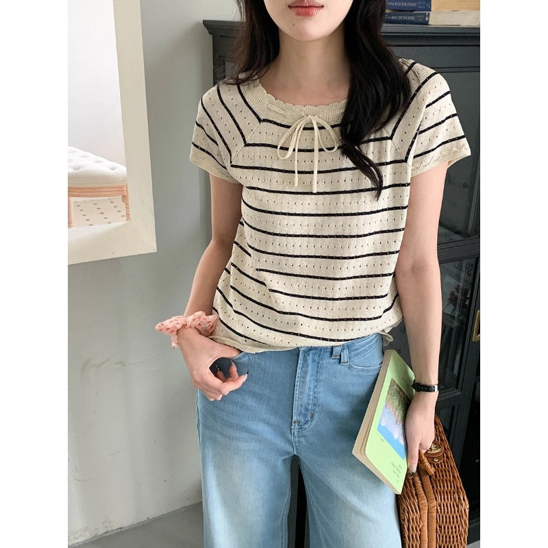 Womens Solid-Color Hollowed-Out Lace-Up Decorated Square-Neck Striped Short-Sleeve Top