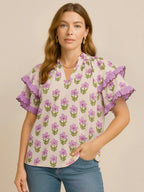 Umgee Floral Print Ruffle Short Sleeve Blouse
