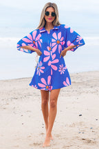 Blue Summer Flower Print Shirt Collar Button Front Loose Romper