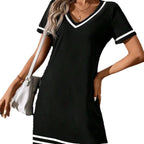 Women's Contrast-Color V-Neck A-Line Dress – Short Sleeve, Elegant, Mid-Rise