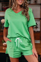 Mint Green V Neck Drop Shoulder Tee and Patchwork Drawstring Shorts Set