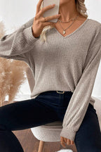 Simply Taupe Ribbed V Neck Contrast Ribbon Bow Back Drop Shoulder Long Sleeve Top
