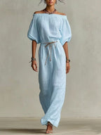 Women's Linen Pants Suit – Solid Color Lantern Sleeve Set