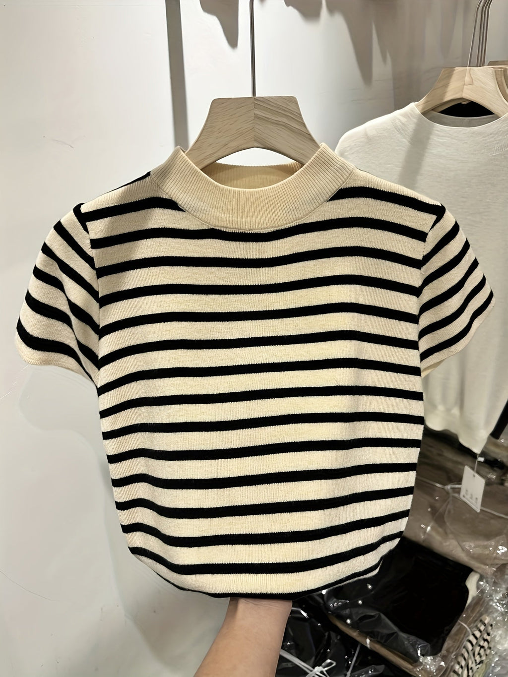 Semi-High Neck Striped Short-Sleeved T-Shirt