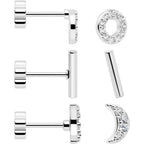 20G Clear CZ Gem Moon Circle Bar Reversible Flower Flat Back Earring Set of 6