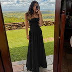 Off-neck Pleated Stitching High Waist Slimming Solid Color Sling Dress