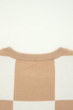 Light French Beige Checkered Pattern Loose Drop Shoulder Half Sleeve Sweater