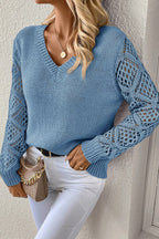 Black Solid V Neck Pointelle Knit Sleeve Patchwork Sweater