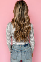 Gray Stripe Ribbed High Neck Slim Fit Long Sleeve Top