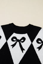 Red Bow Print 2-tone Rhombus Knit Loose Sweater