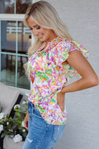 Purple Abstract Printed Ruffled Short Sleeve Notched Neck Blouse