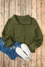 Smoke Green Quarter Zip Stand Neck Kangaroo Pocket Sweatshirt
