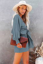 Gray Knot Front Casual Shirred Cuffs Puff Sleeve Romper