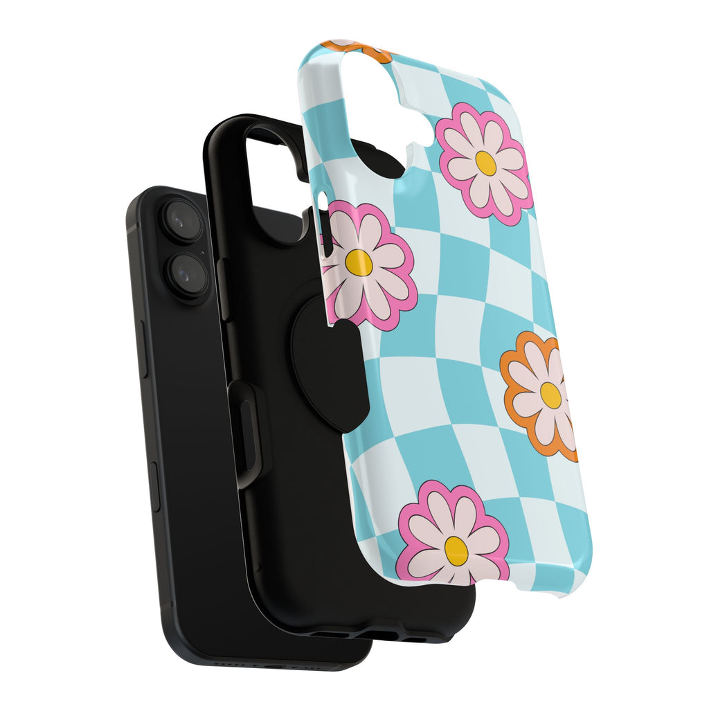 Phone Case Retro Checkerboard with Pink & Orange Daisies (Impact-Resistant)