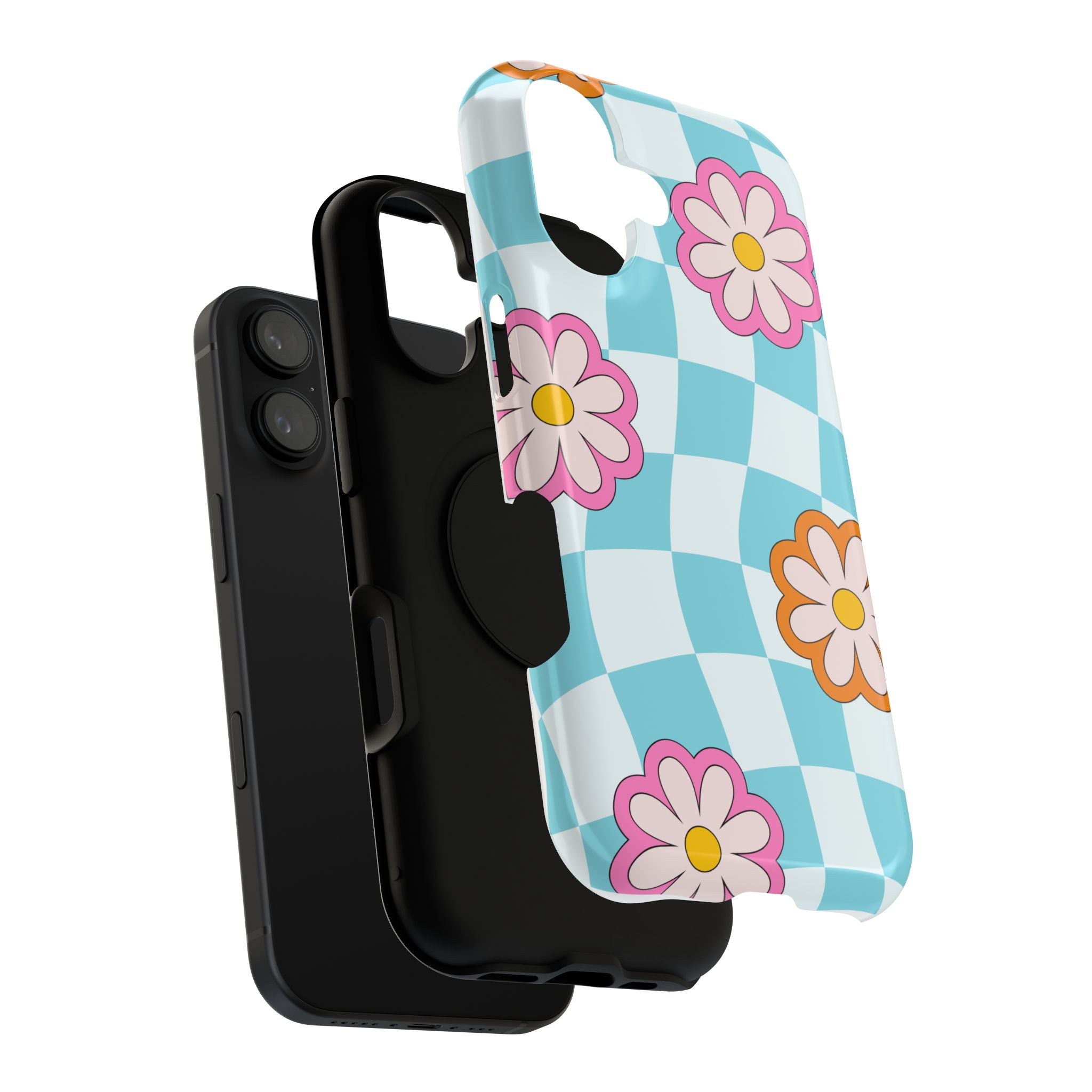 Phone Case Retro Checkerboard with Pink & Orange Daisies (Impact-Resistant)