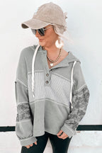 White Waffle Printed Patchwork Drawstring Hooded Long Sleeve Top