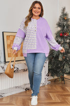 Purple Stripe Patchwork Buttoned Drop Shoulder Plus Size Pullover