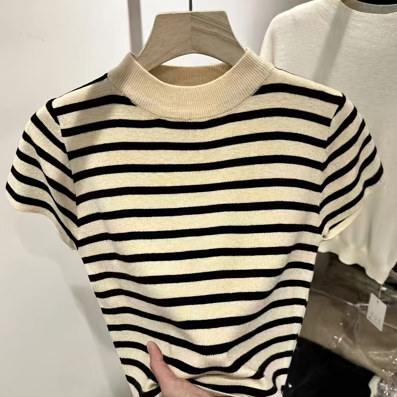 Semi-High Neck Striped Short-Sleeved T-Shirt