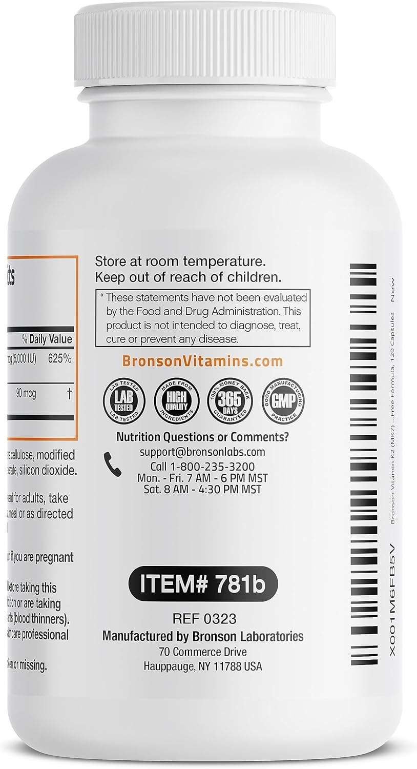 Bronson Vitamin K2 (MK7) with D3 Supplement Non-GMO Formula 5000 IU Vitamin D3 & 90 mcg Vitamin K2 MK-7 Easy to Swallow Vitamin D & K Complex, 120 Capsules