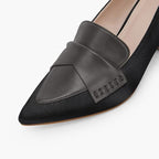 Coutgo Womens 8.5 Black Satin Gray 3" Chunky Block Low Heel Retro Loafer Shoes