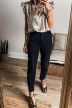 Gold Metallic Round Neck Ruffle Trim Sleeveless Top