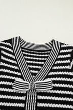 Green Stripe Short Sleeve Knit V Neck Bow Knot Sweater
