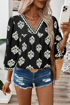 Green Damask Floral Print Contrast V Neck 3/4 Sleeve Blouse