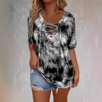 Women's Tie-Dye Print Drawstring T-Shirt – Loose Fit, Short Sleeve, Casual