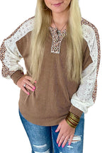 Vineyard Green Texture Patchwork Lace Sleeve Leopard Henley Top