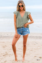 Laurel Green Flutter Sleeve Lace V Neck Shirt