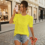 Women's Hollow-Out Lace Puff-Sleeve Shirt Top – Loose Fit