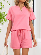Notched Short Sleeve Top and Shorts Set