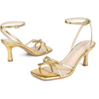 Goderci Womens Size 10 Gold 3" Heels Bow Square Open Toe Ankle Strap Shoes
