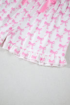 Pink Bowknot Print Shirt and Ruffle Hem Shorts Pajama Set