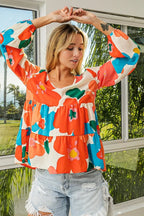 BiBi Floral Woven Tiered V Neck Top