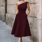 Women's Off-Shoulder Swing Dress – Solid Color Flowy Midi