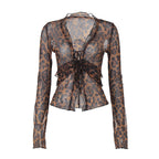 European And American Fashion Sexy Mesh See-through Cardigan Lace-up T-shirt