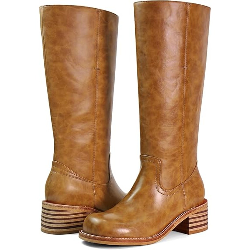 UBWDU Women Size 8 Light Brown Faux Leather 2" Low Heel Platform Knee High Boots