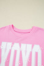 Pink Bow Sequin XOXO Letter Graphic Exposed Seam Baggy Sweatshirt