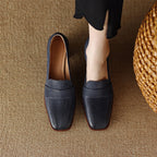 Women's Sheepskin Square Toe Chunky Heel Pumps – Retro High Heel Dress Shoes