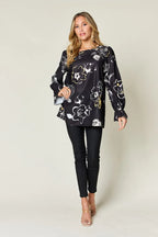 Double Take Full Size Printed Flounce Sleeve Blouse