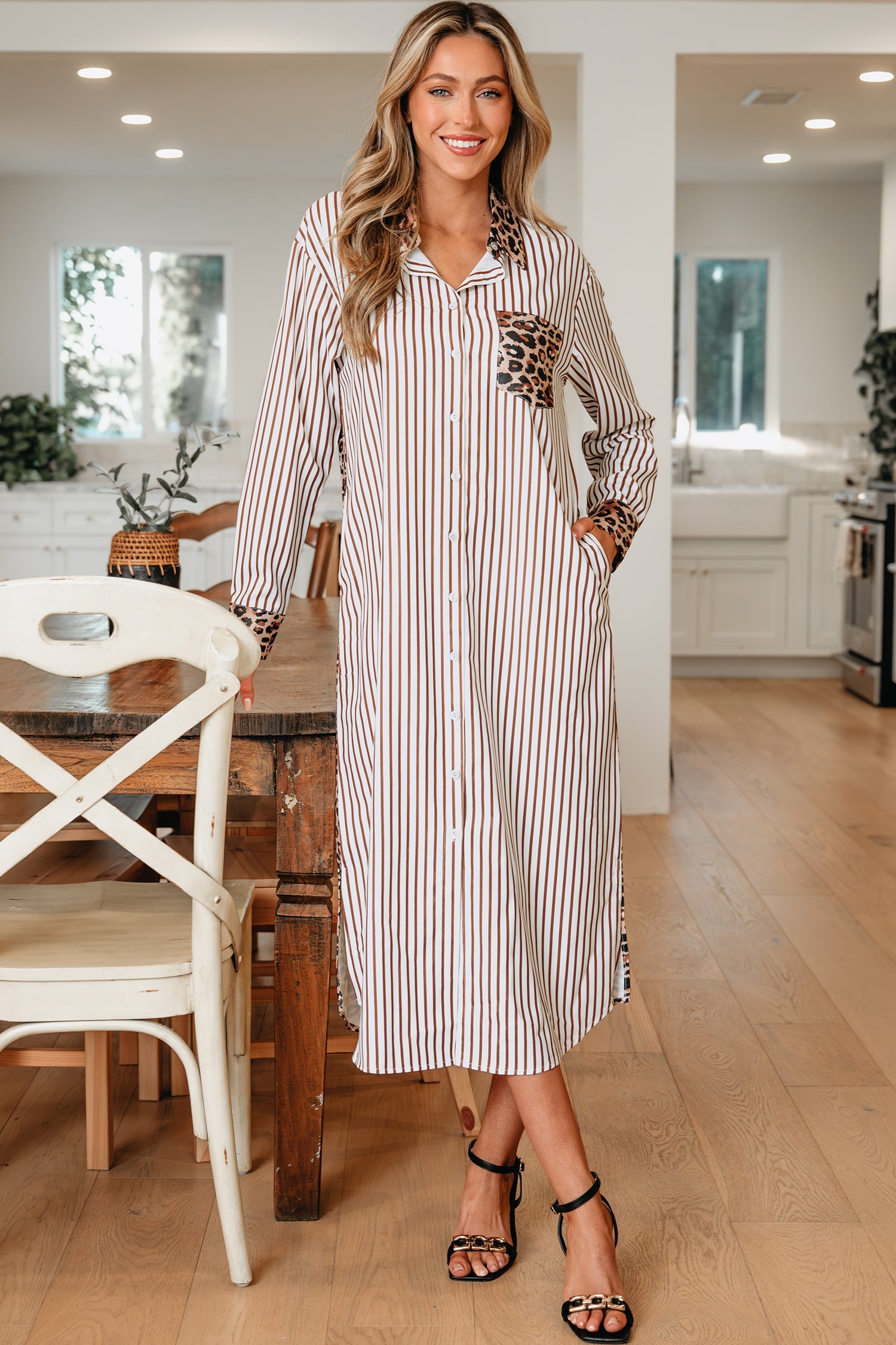 Sky Blue Stripe Contrast Leopard Patchwork Long Shirt Dress with Slits