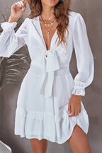 Elegant Tie-Front Ruffle Mini Dress with Smocked Wiast