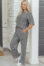 Rose Checkered Print Half Sleeve Tee 2pcs Lounge Pant Set
