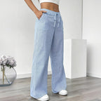 Women's Striped Print Straight Wide Leg Pockets Pants Casual Long Pants