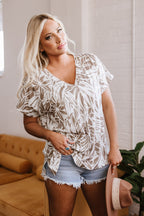 Khaki Floral Print V Neck Short Sleeve Loose Fit Blouse
