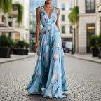 Women's Tulip Print Sleeveless Deep V-Neck A-Line Maxi Dress – 7 Colors