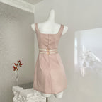 Blush Tone Sleeveless Rhinestone Collar Bow Waist Bridesmaid Cocktail Dress