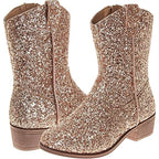 New Josmo Big Girls 4 Rose Gold Glitter Mid Calf 1.5" Heel Zip Cowboy Boot Shoes
