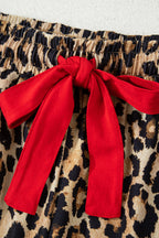 Racing Red Retro Plaid Leopard Print Patchwork Long Sleeve Shorts Pajama Set